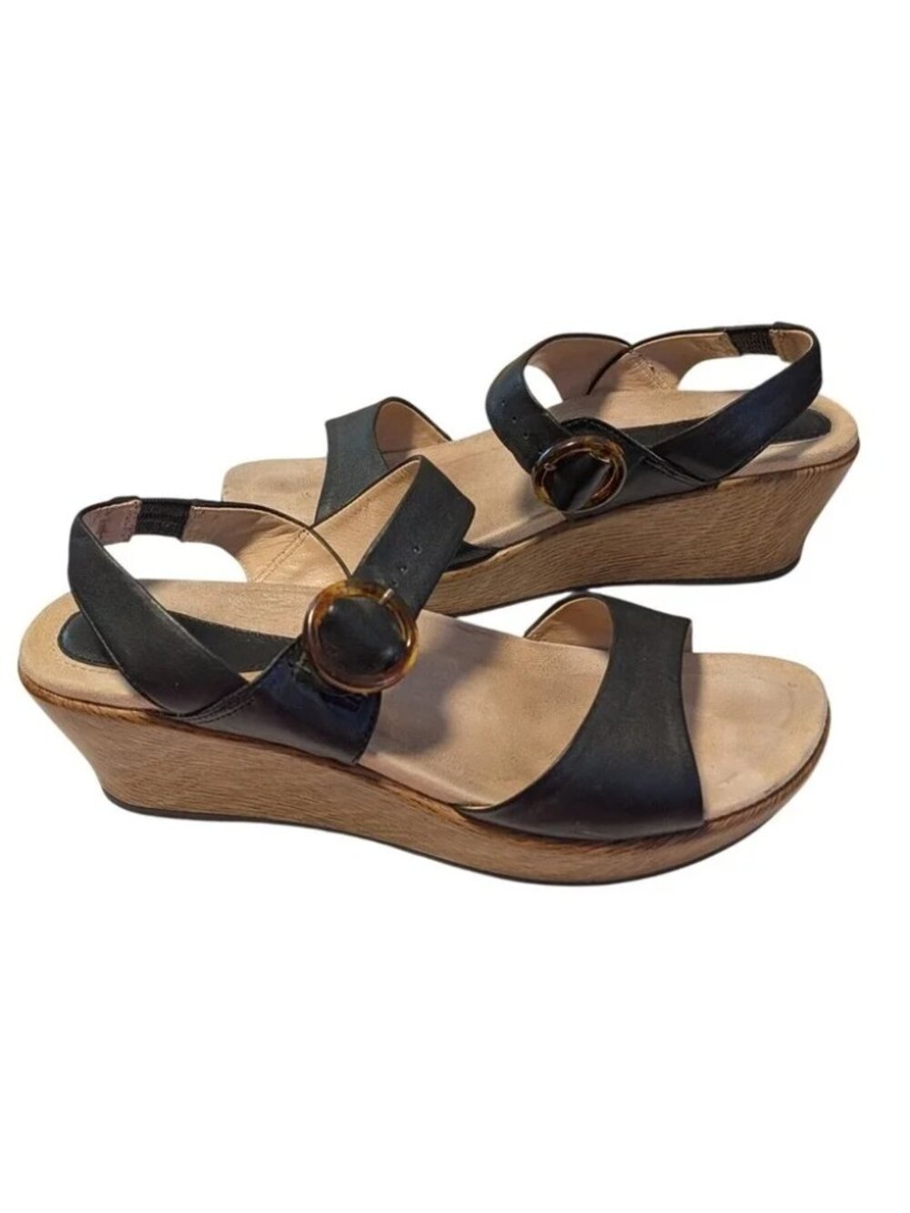 Dansko Black Leather Wedge Sandals Tortoise Buckle Wood‎ Grain Platform EU 40